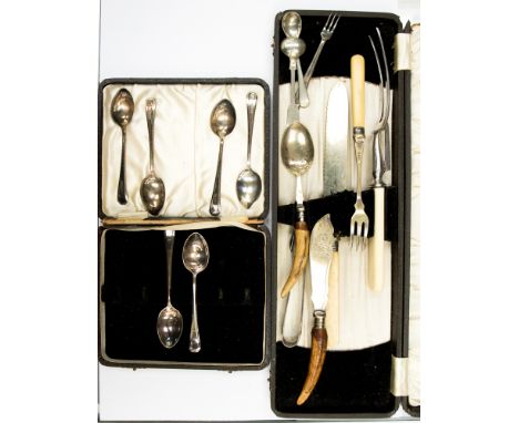 A small quantity od boxed EPNS to include carving fork and a Watsons Derby sugar tongs, etc 