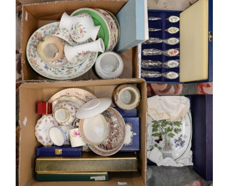 Royal Crown Derby, various pattern, Worcester, Royal Copenhagen, Mintons 'Haddon Hall' boxed cutlery  etc (two boxes) 