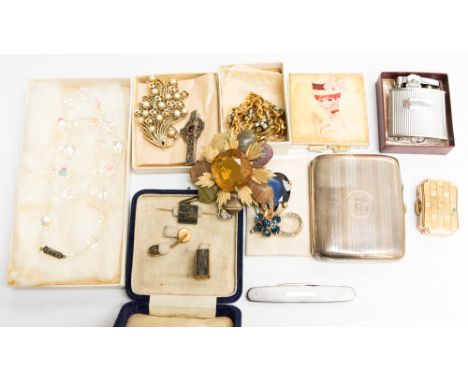 A silver cigarette case, 2.2 ozt approx., Birmingham 1915, costume jewellery, Ronson lighters etc 