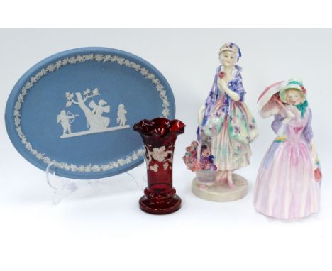 Royal Doulton figure 'Miss Demure' HN 402 with Royal Doulton 'Phyllis' HN 1420 an enamelled cranberry vase and a Wedgwood pla