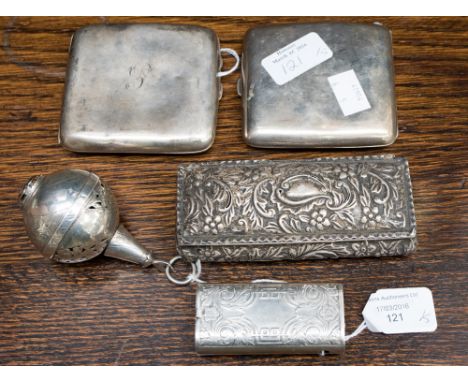 Two silver cigarette cases, an embossed silver trinket box, pomander and lighter case combined weight excluding pomander appr