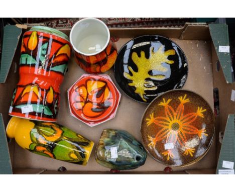 A box of Poole Pottery, including vases, signed by artist, three Poole 'Aegean' cabinet plates, four Poole trinket dishes and