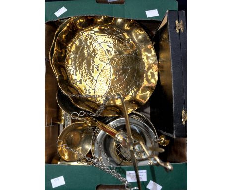 A box of brassware, including brass weighing scales, candle sticks etc (one box) 