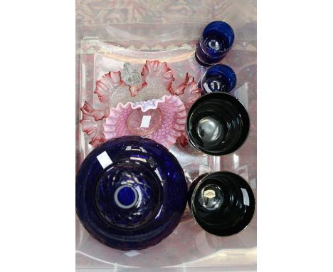 A cobalt blue cut glass lamp base, cranberry glass edged comport, cobalt blue glasses etc (one box) (9) 