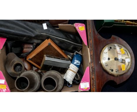 A mahogany mantle clock (no key or pendulum) with a box of metalware, camera and stand, binoculars etc 