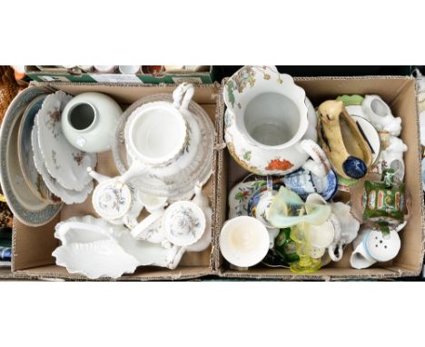 Three boxes of assorted ceramics including Royal Albert 'Brigadoon' coffee and tea pots, Spode vase, Wedgwood etc