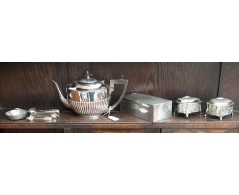 A four gill EPNS teapot, two trinket boxes, pewter cigarette and a notepad case 