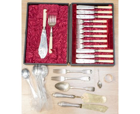 A cased silver plated fish fork and knife set, together with two forks and two spoons of white metal (possibly Maltese silver