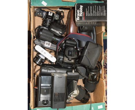 Two boxes of vintage cameras and lenses, including Canon, Ricoh, Pentax etc 