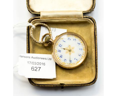 A 14k gold cased pocket watch late 19th/early 20th Century with yellow metal ring, original box, enamel dial 