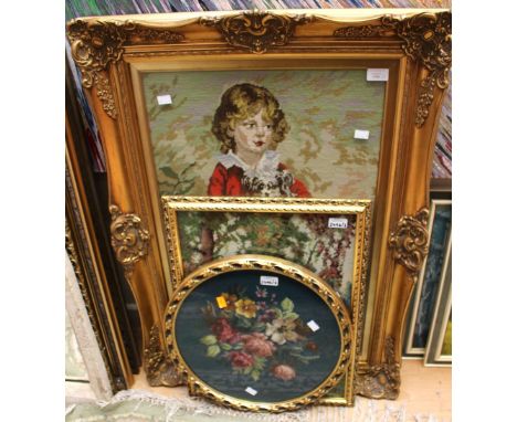 Three various tapestry framed work, Boy with Dog- Roses (circular) and Woddland scene (3)