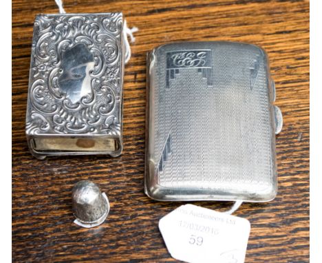 A late Victorian silver thimble, Birmingham 1893, a silver cigarette case, Birmingham 1934 and a late Victorian matchbox slee