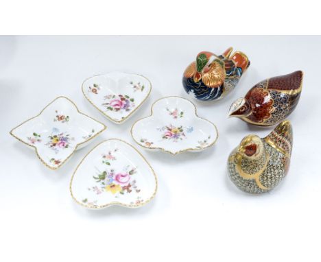 A Royal Crown Derby 'Peking Duck' paperweight, farmyard hen and coot with four Royal Crown Derby 'Posie' trinket dishes, all 