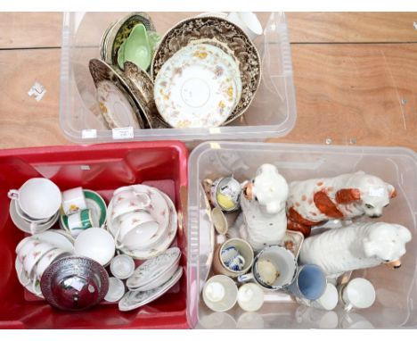 Three boxes of assorted ceramics including three Victorian Staffordshire dogs, cups, saucers, plates, enamel beakers etc