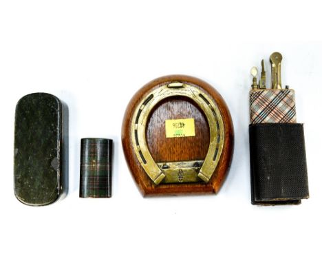 Two tartanware boxes, a Victorian brass horseshoe paper clip and a draughtsman's compass set