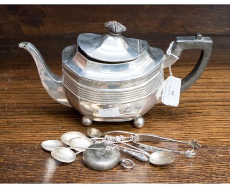 A collection of silver to include silver bookmark in the form of a trowel, silver teapot with ebonised finials, London 1903, 