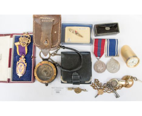 A compass and Stratton tie pin, assorted medals etc ( one bag )