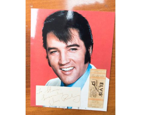 Elvis Presley autograph on paper to Steve watercolour photo plus a 1977 Aug 17th ticket - unused, Elvis died the day before 