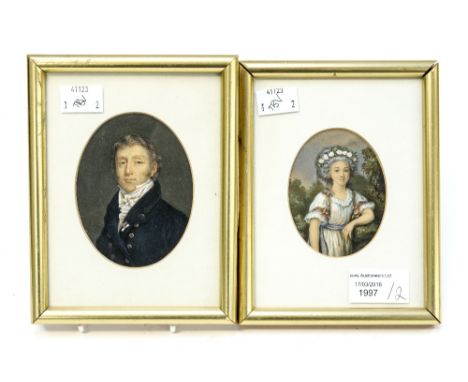 A pair of Regency style portrait miniatures, (possibly over-painted prints) (2)