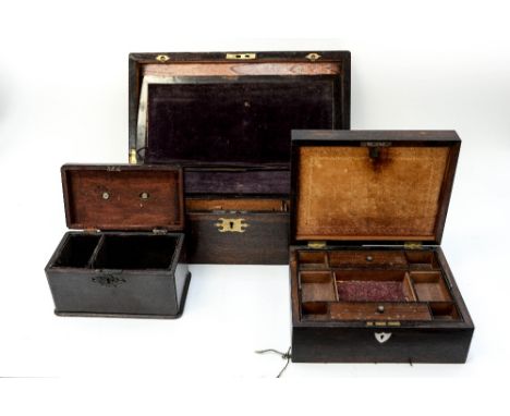 A mahogany writing slope, a tea caddy and a Rosewood jewel box with mother-of-pearl escutcheon and key (3) 