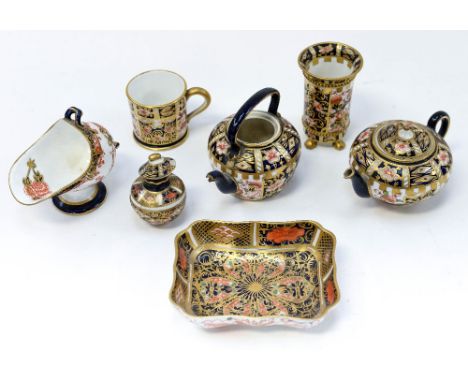 Royal Crown Derby miniature teapot, vase, tankard 2451, Imari coal scuttle, 2649 vase plus pin dish and kettle, (kettle and v