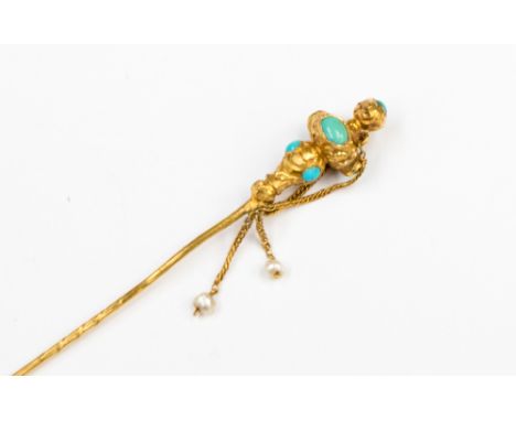 A Victorian yellow gold stick pin set with turquoise and seed pearls

