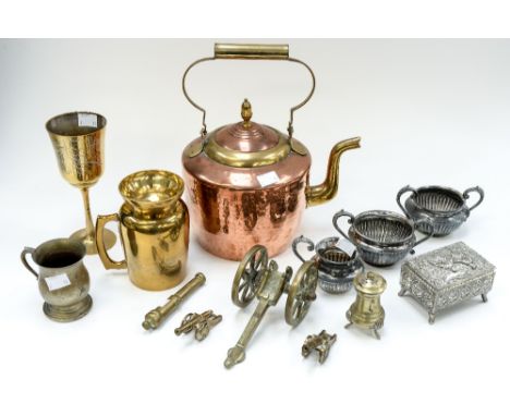 Brass, copper and EPNS wares to include a pot metal trinket box 