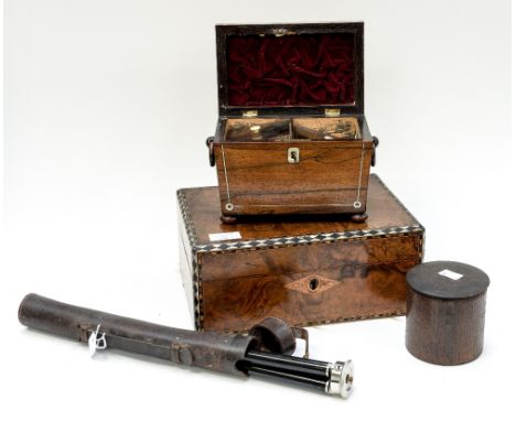 A walnut work box, and needle case a Regency tea caddy both with mother-of-pearl inlay, a leather cased tripod and a Virginia