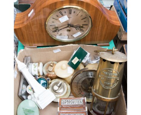 A Mary Gregory pill box with four further ceramic pill boxes, an Eccles miners lamp, smoking ephemera, a Bentima mantle clock