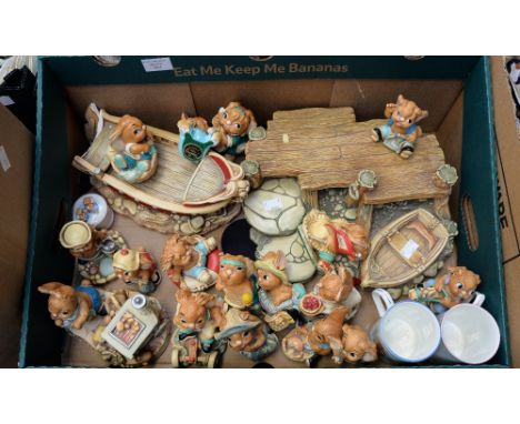 A collection of Pendelfin rabbits and display stands including The Pier and Betsy Boat, 'Ahoy Boy', 'Shrimpy' and 'Tidler', t