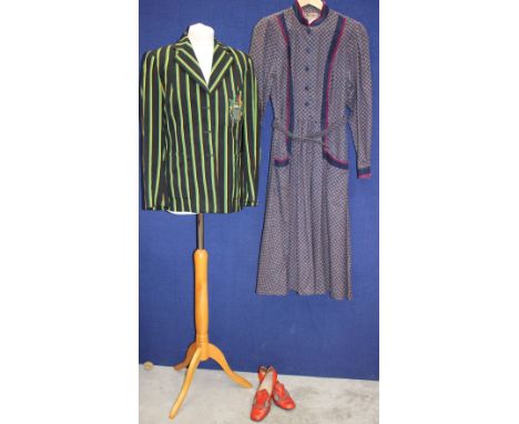 A good school college blazer in black/green/yellow stripe, good condition and a paisley pattern navy skirt waister by Origin 