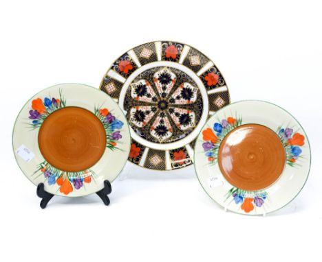 A Royal Crown Derby 1128 breakfast plate (af) with two Clarice Cliff Crocus side plates 
