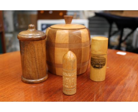 Treen bobbin reel holders, one Mauchline ware, tea caddy (af) and another box and cover (4) 