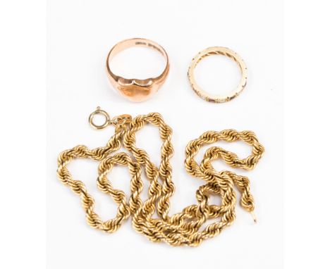 A ruby and diamond eternity ring, gold ring and a 9ct necklace (3) 