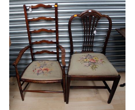 A George III mahogany side chair, of camel back form, together with an early 20th Century ladder back chair, (2)
