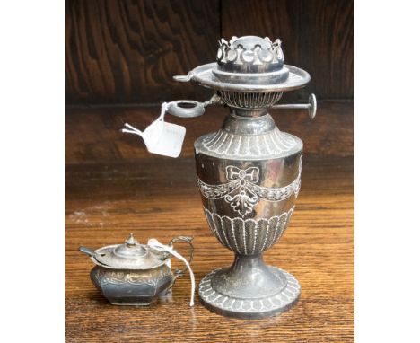 A Birmingham hallmarked mustard pot 2.015ozt approx., maker H.M. together with a sliver plated Edwardian, William Hutton and 