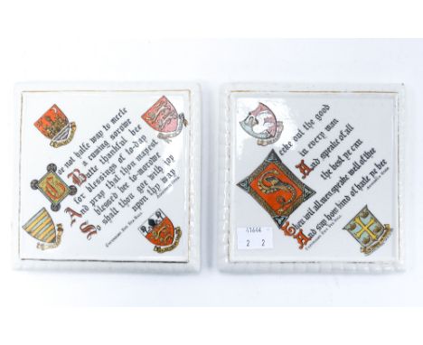 Two Goss crested tiles or teapot stands, each with a verse from Adolphus Goss, crests for Swanage, etc 