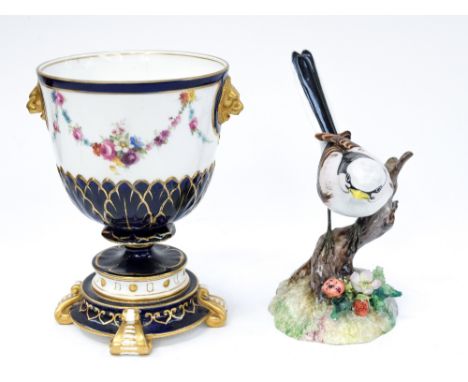 A Royal Worcester chalice hand painted (af) with a Royal Crown Derby 'Long Tailed Tit' (J.R. initials to base) (af) (2) 