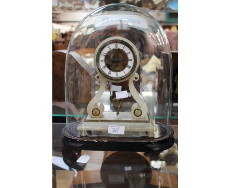 A late 19th Century Farlot alabaster mantle clock, with a white enamelled dial and black Roman numerals, supported in an open