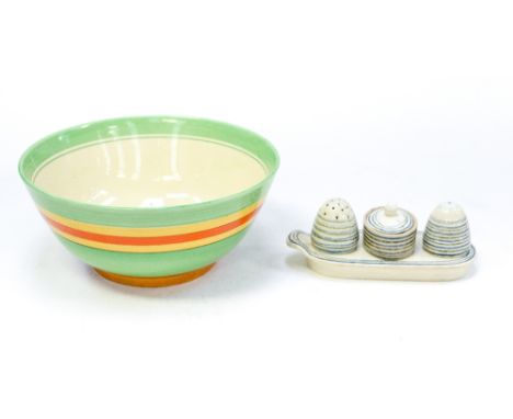 A Clarice Cliff Newport Pottery Co fruit bowl, painted with concentric bands of green, yellow, orange and brown, printed mark