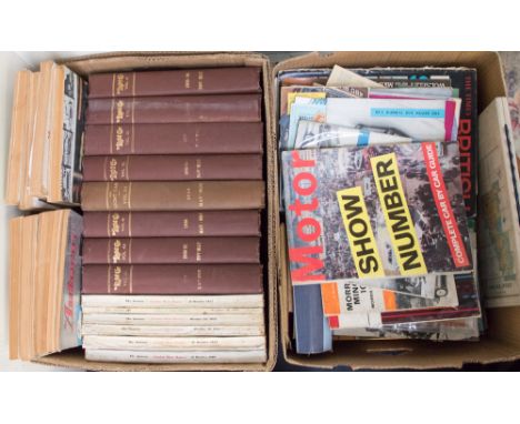 Two boxes of assorted car books, comprising an part set of hardback books entitled 'Light Car', a collection of 'Autocar' mag