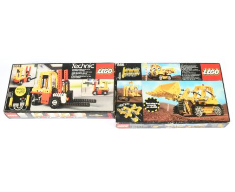 Lego Technics pair (1) 856 Bulldozer- with instructions plastic tray &amp; cover (2) 8843 Pneumatic Fork Lift truck - instruc