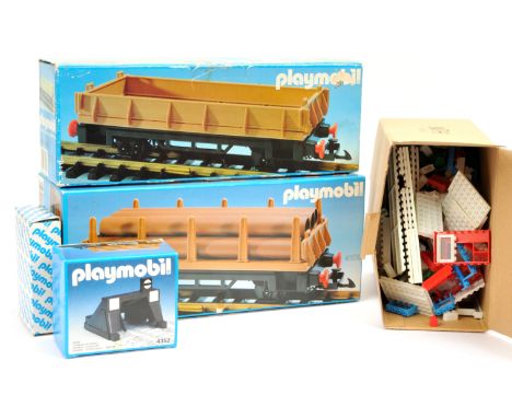 Playmobil Railway related accessories, including 4104 Flat Bed Car, 4105 Pipe Car, 4352 Bumper, 4373 Isolator - all items rat