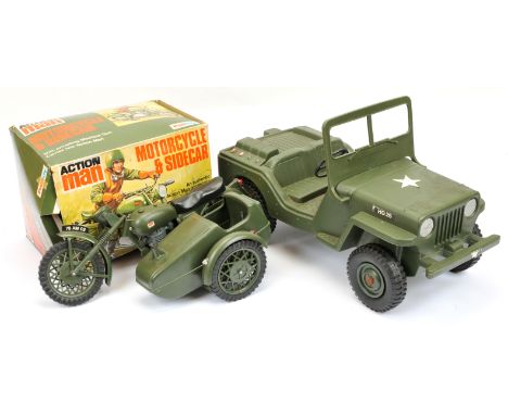 Action Man and similar 1/6th scale vehicle pair (1) Hasbro US Army Jeep - unboxed; (2) boxed Palitoy #34723 Motorbike and Sid