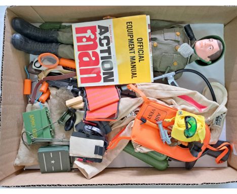 Palitoy Action Man vintage, unboxed group to include dressed painted head figure plus various accessories including part outf