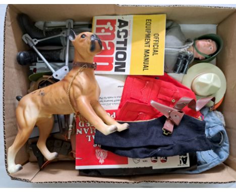 Palitoy Action Man vintage, unboxed group to include dressed painted head figure plus various accessories including part outf