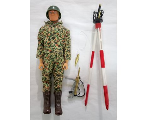 Palitoy Action Man "Combat" Engineer Surveyor, blonde hair, blue pants, eagle-eyes, gripping hands, wearing helmet, jacket, t