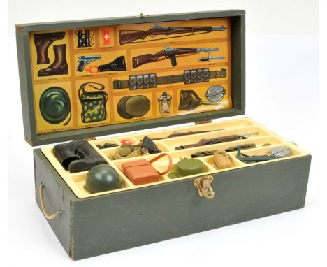 Action Man wooden Ammunition and Accessories Kit box - dark green wood with printed top, card printed inlay and plastic tray 