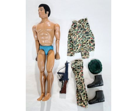 Palitoy Action Man Vintage Tom Stone with camouflage jacket and trousers, green beret, boots and submachine gun - rare figure