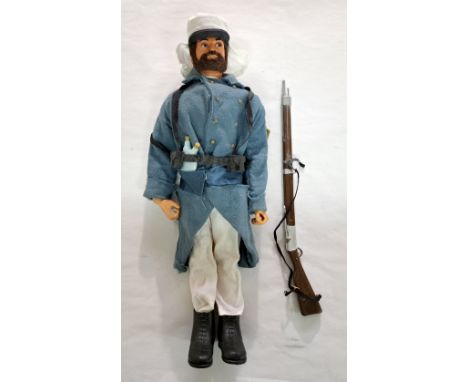 Palitoy Action Man French Foreign Legion, dark hair and beard, blue pants, eagle-eyes, gripping hands, wearing kepi, coat, sh